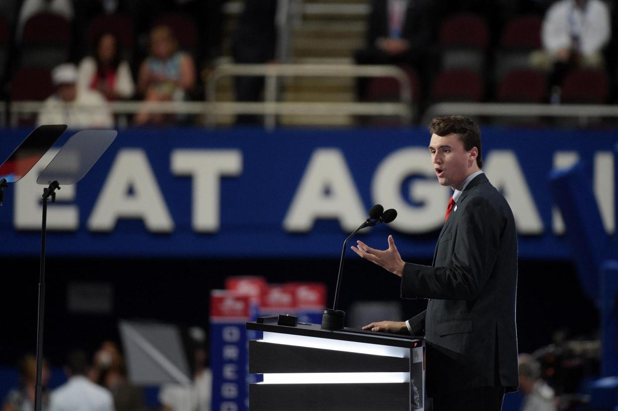 Charlie Kirk, Founder and Exec. Dir. of Turning Point USA, speaks on the first day of the Republican National Convention (Getty)