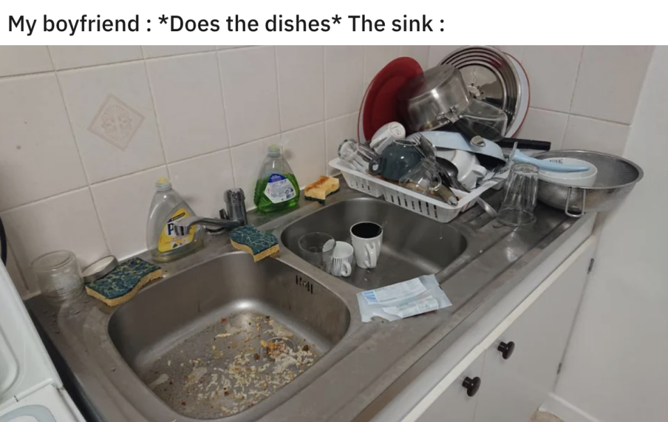 Dishes in the dish rack, multiple sponges on the side, and debris in the sink