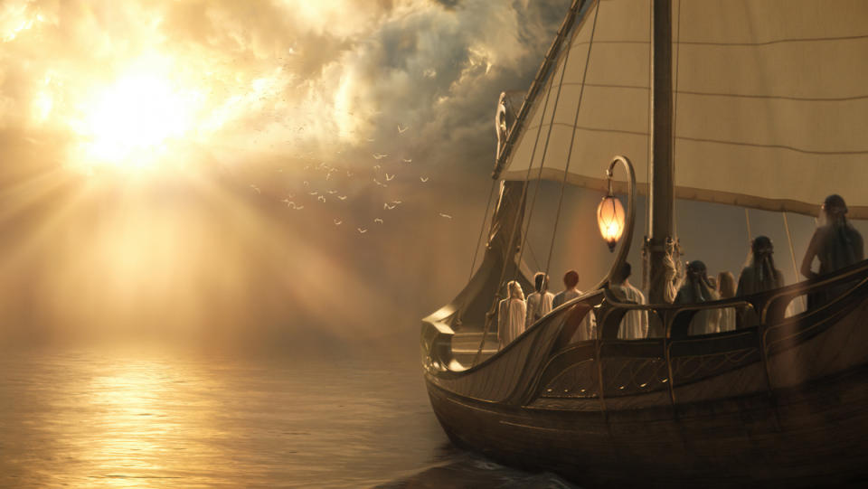 A ship sailing into the distance in Middle-earth from The Rings of Power. We see Manwë's birds in the sky, they are Middle-earth creatures from Rings of Power.