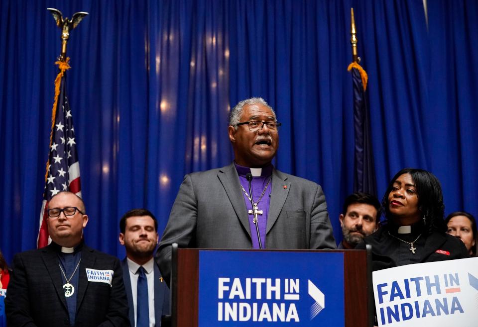 Bishop Julius C. Trimble speaks during a press conference held by Faith in Indiana on Tuesday, March 7, 2023 at the Indiana Statehouse in Indianapolis. 