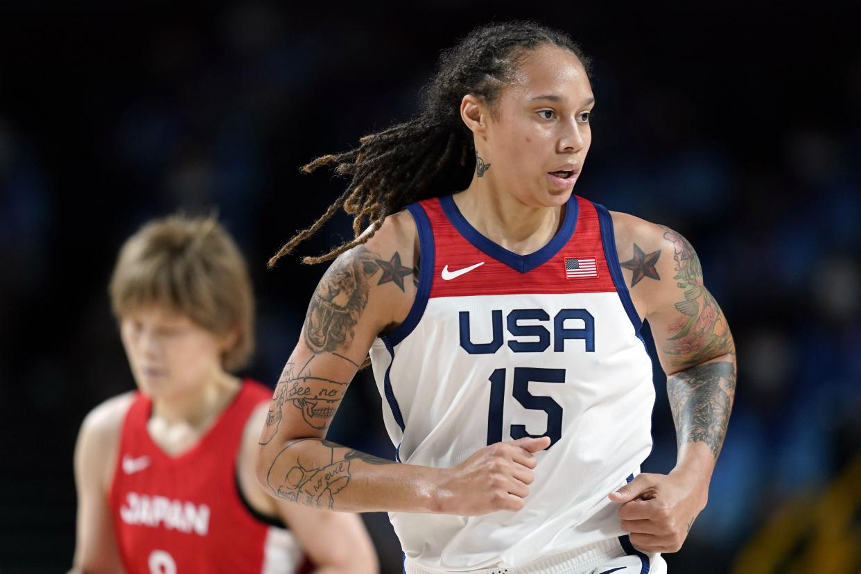 Brittney Griner plays for the U.S. in the Aug. 8, 2021, gold medal game of the Summer Olympics in Tokyo.