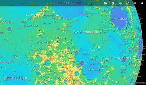 The LunarMap HD app for Android lets you download additional maps of the entire moon, including the Lunar Reconnaissance Orbiter mission's color-coded digital elevation model map shown here. For safety pu