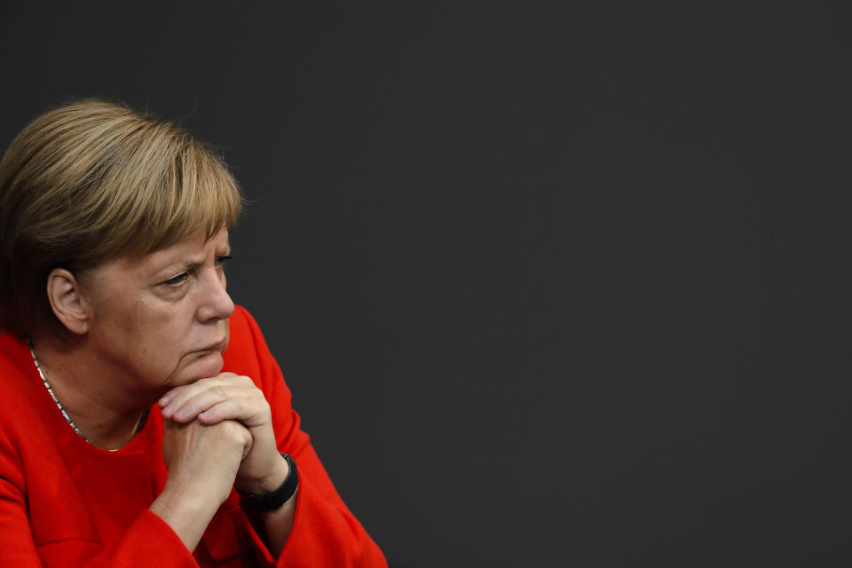 German Chancellor Angela Merkel attends a plenary session of the German parliament Bundestag about the budget 2019, in Berlin, Wednesday, Sept. 12, 2018. (AP Photo/Markus Schreiber)