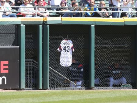 Apr 22, 2018; Chicago, IL, USA; The uniform of critically-injured Chicago White Sox relief pitcher Danny Farquhar (43) hangs in the bullpen during the third inning against the Houston Astros at Guaranteed Rate Field. Mandatory Credit: Dennis Wierzbicki-USA TODAY Sports