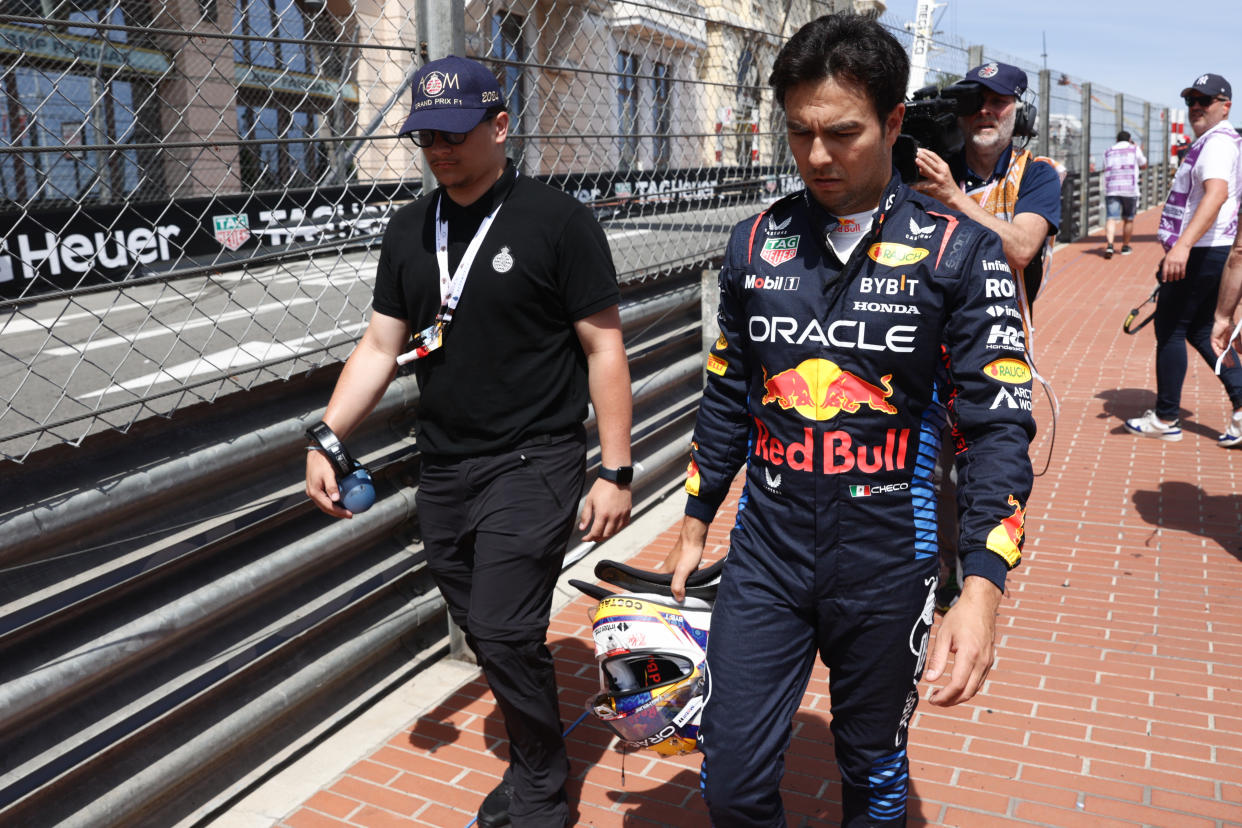 Sergio Perez of Red Bull Racing after crash during the Formula 1 Grand Prix of Monaco at Circuit de Monaco in Monaco on May 26, 2023. (Photo by Jakub Porzycki/NurPhoto via Getty Images)