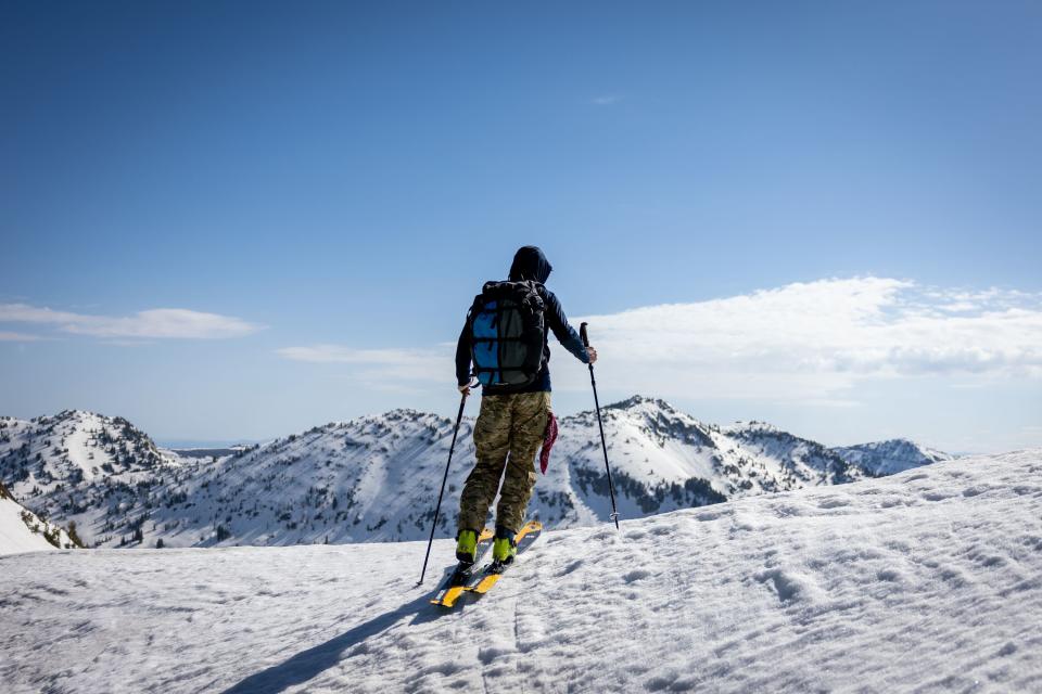 Dan Schilling, a special operations veteran and bestselling author, uses backcountry skis to ascend before speed riding at Alta Ski Area, which has closed for the season, on Wednesday, May 17, 2023. | Spenser Heaps, Deseret News