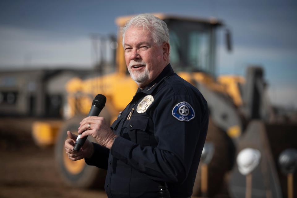 Timnath Police Chief Terry Jones speaks to community members during a groundbreaking ceremony Wednesday for a new police station in Timnath.