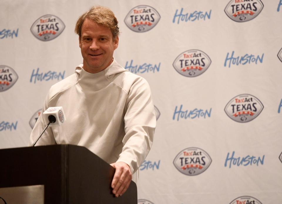 Mississippi coach Lane Kiffin addresses reporters during a press conference Tuesday in Houston for the Texas Bowl. The Rebels face Texas Tech at 8 p.m. Wednesday at NRG Stadium.