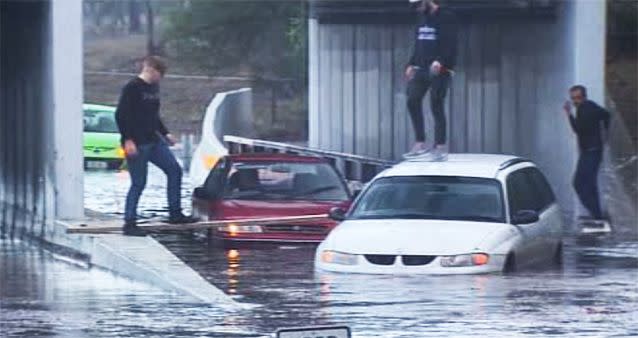 Cars were sent swimming after flash flooding in Adelaide. Photo: 7News