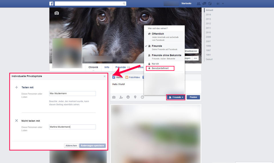 Wer etwas in seiner Timeline posten möchte, ohne dass es alle Freunde sehen, sollte folgendermaßen vorgehen: Erst auf den Button klicken, der bestimmt, wer etwas sehen darf und dort "Benutzerdefiniert" auswählen. Anschließend öffnet sich ein neues Fenster, in dem festgelegt werden kann, welche Freunde den Post sehen dürfen – und welche eben nicht. (Bild-Copyright: Facebook/Privat)