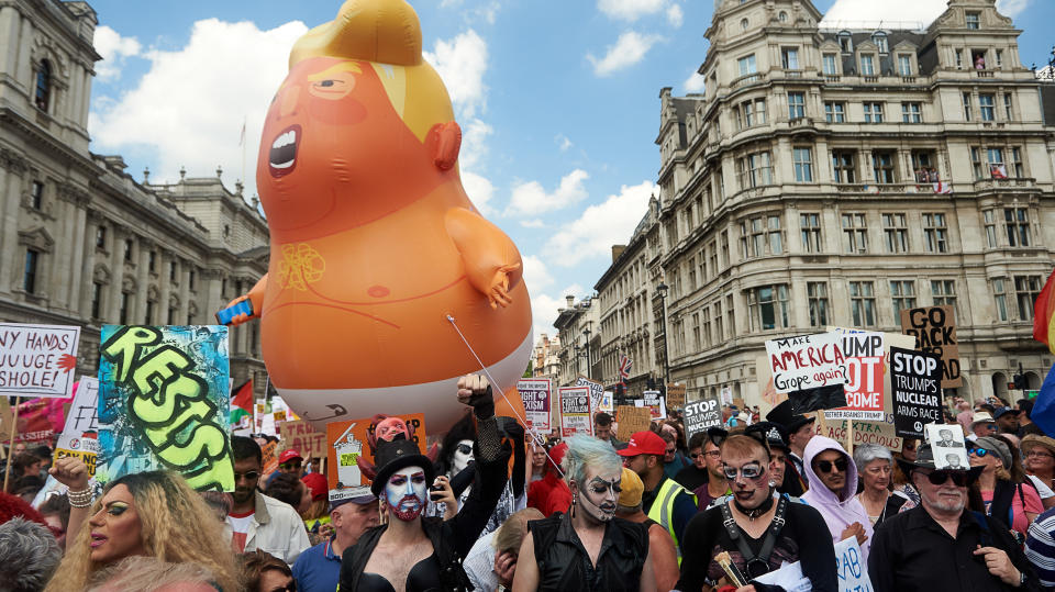 The 'Trump Baby' blimp, a six meter-high helium-filled effigy of U.S. President Donald Trump, flies over Parliament Square in London, U.K. on Friday, July 13, 2018.  (Photo by Karyn Louise/NurPhoto via Getty Images)