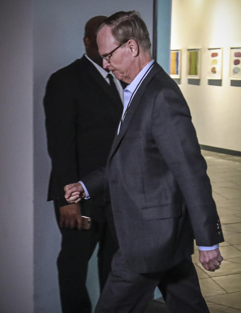 John Mara, owner of the New York Giants of the National Football League (NFL), arrive for a meeting with NFL owners to discuss a proposed labor agreement, Thursday Feb. 20, 2020, in New York. (AP Photo/Bebeto Matthews)