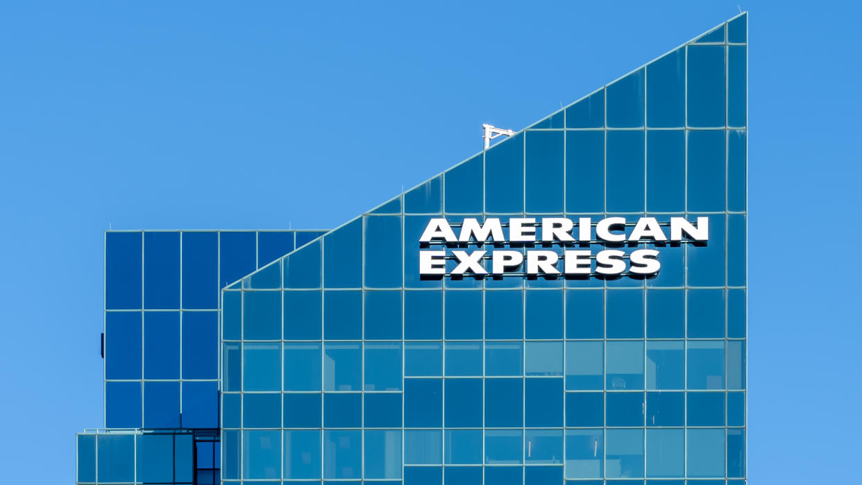 Toronto, Canada - October 29, 2018: Sign of American Express on the building at North York in Toronto.