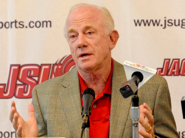 Jacksonville State coach Jack Crowe talks during media day at Jacksonville State University on Aug. 3, 2012.