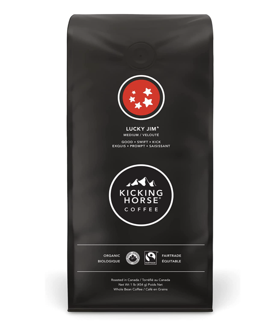 Kicking Horse Coffee Lucky Jim: Whole Bean Medium Roast in black bag (Photo via Amazon)