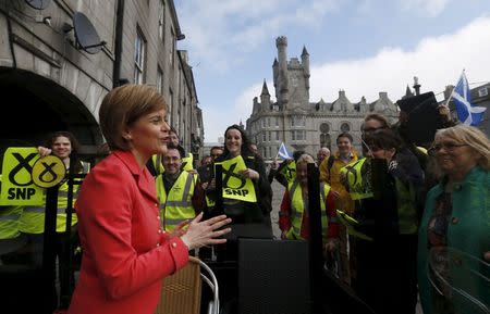 Scotland's First Minister Nicola Sturgeon speaks as she campaigns at Castlegate, Aberdeen, Scotland, April 8, 2015. REUTERS/Russell Cheyne