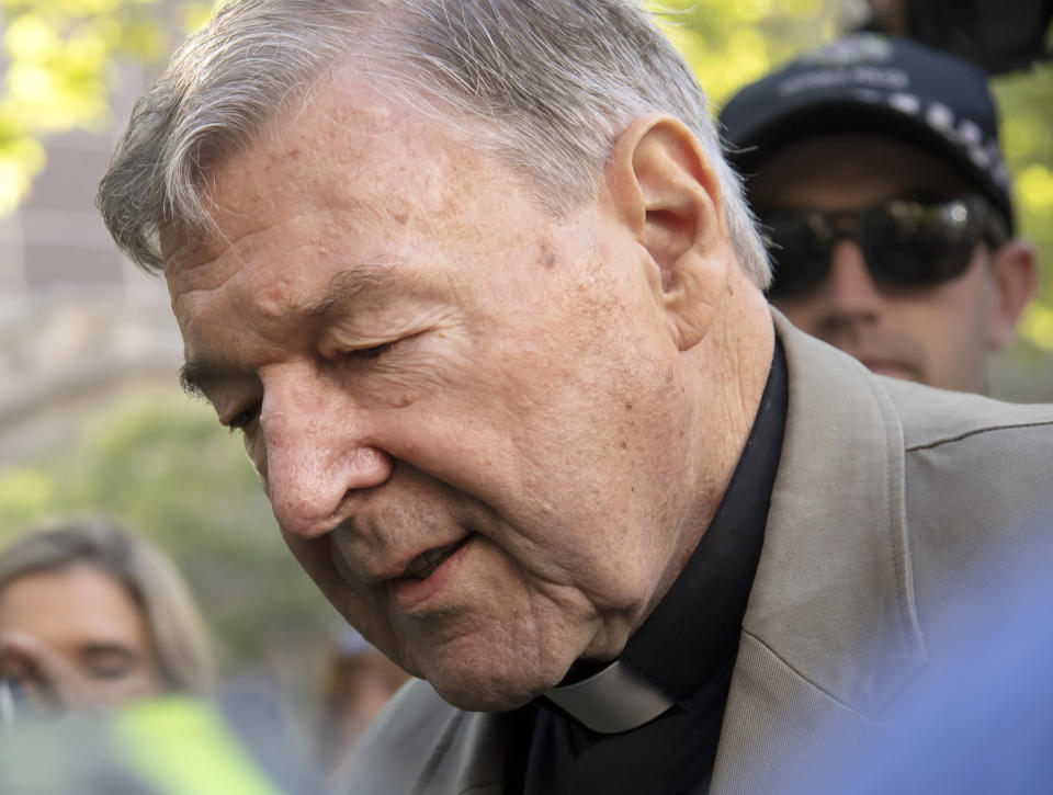 Cardinal George Pell arrives at the County Court in Melbourne, Australia, Wednesday, Feb. 27, 2019. The most senior Catholic cleric ever convicted of child sex abuse faces his first night in custody following a sentencing hearing on Wednesday that will decide his punishment for molesting two choirboys in a Melbourne cathedral two decades ago. (AP Photo/Andy Brownbill)