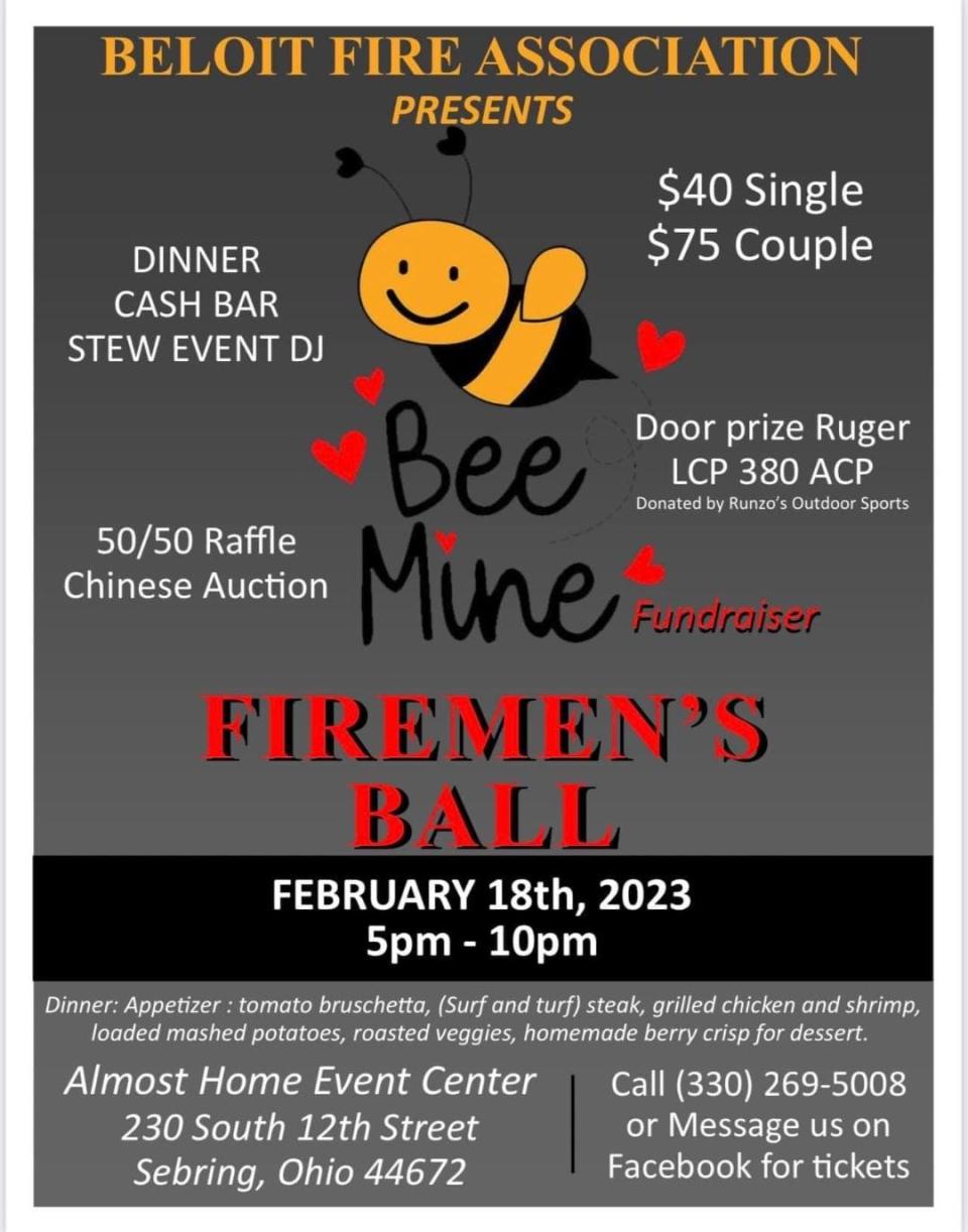 A digital poster for Beloit Fire Association's 2023 "Bee Mine" Firemen's Ball on Feb. 18, 2023 at Almost Home Event Center in Sebring.