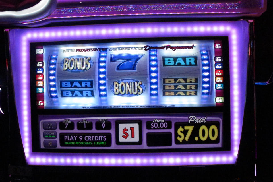 This Oct. 8, 2019 photo, shows the screen of a slot machine at Resorts casino in Atlantic City N.J. Commercial casinos in 25 U.S. states won $43.6 billion from gamblers in 2019, an increase of nearly 4% from the previous year, according to a report issued late Wednesday, June 3, 2020, by The American Gaming Association, the casino industry’s national trade group. (AP Photo/Wayne Parry)