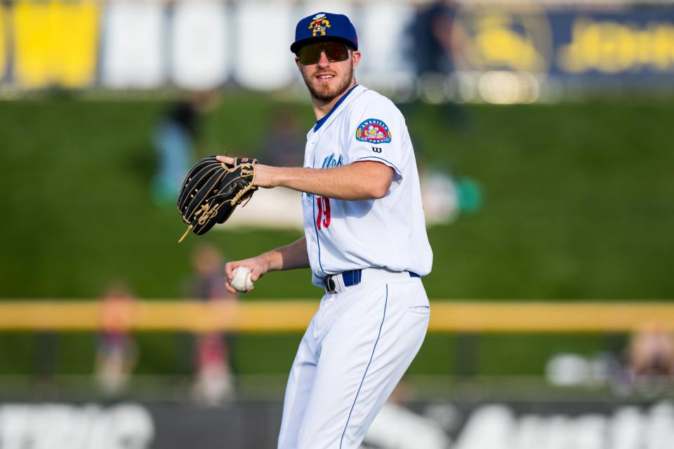 A.J. Vukovich #19 of the Amarillo Sod Poodles warms up against the Corpus Christi Hooks on Friday, April 14, 2023, at HODGETOWN in Amarillo, Texas.