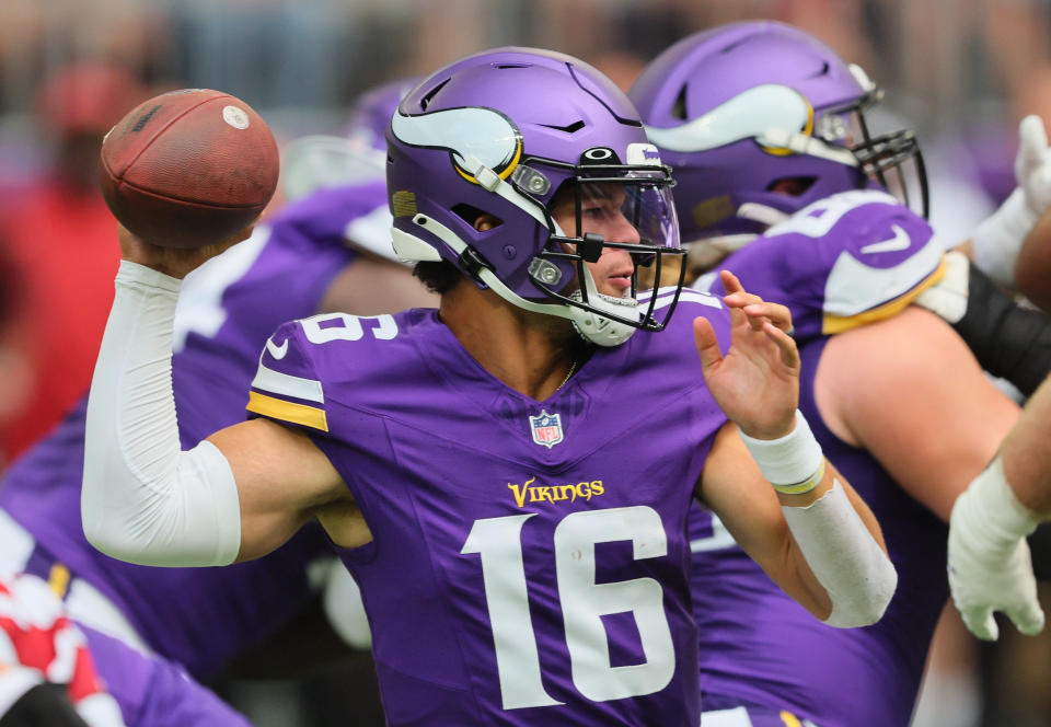 MINNEAPOLIS, MINNESOTA - AUGUST 26: Jaren Hall #16 of the Minnesota Vikings throws the ball against the Arizona Cardinals in the first quarter in a preseason game at U.S. Bank Stadium on August 26, 2023 in Minneapolis, Minnesota.(Photo by Adam Bettcher/Getty Images)