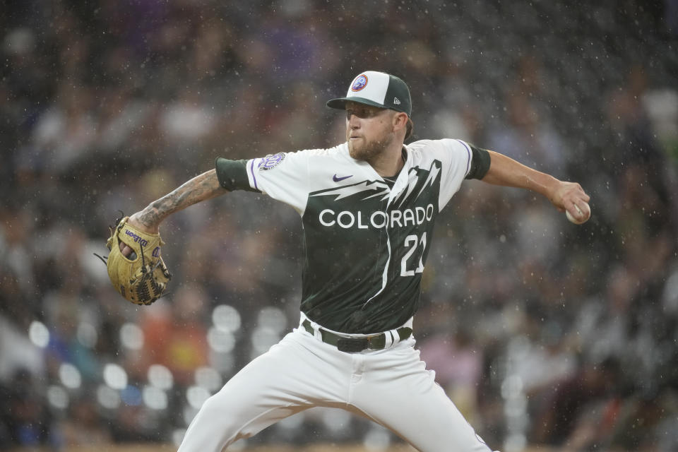 Colorado Rockies starting pitcher Kyle Freeland works against the Chicago White Sox during the fourth inning of a baseball game Saturday, Aug. 19, 2023, in Denver. (AP Photo/David Zalubowski)