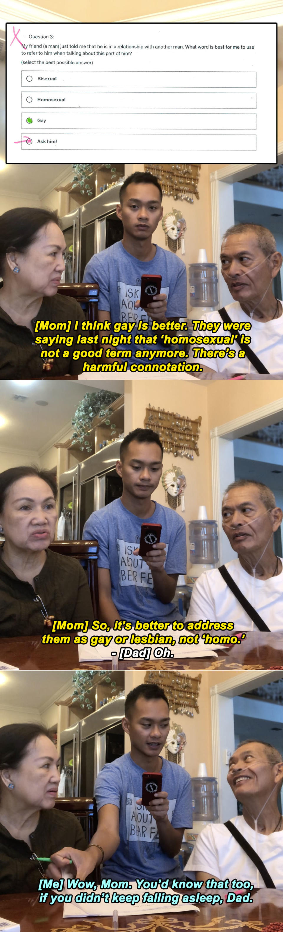 author watches as his parents discuss why 'homosexual' is not a good term to use