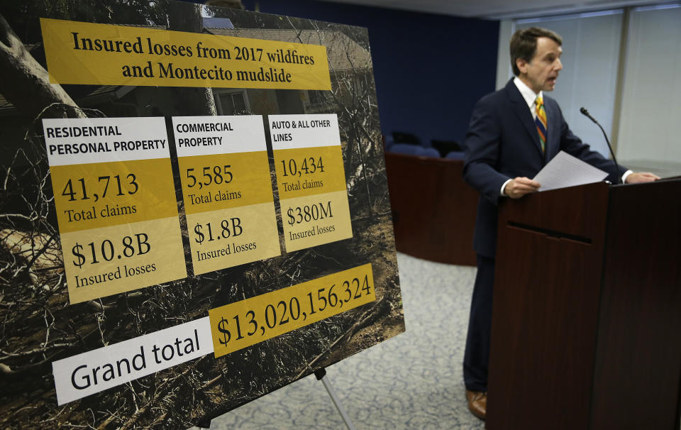 California Insurance Commissioner Dave Jones speaks during a news conference about the costs of recent wildfires Thursday, Sept. 6, 2018, in San Francisco. Jones released the first data on the total insurance claims reported for residential and commercial losses following the Carr and Mendocino Complex wildfires. Commissioner Jones also released updated data for the 2017 California wildfires and 2018 mudslides. (AP Photo/Eric Risberg)