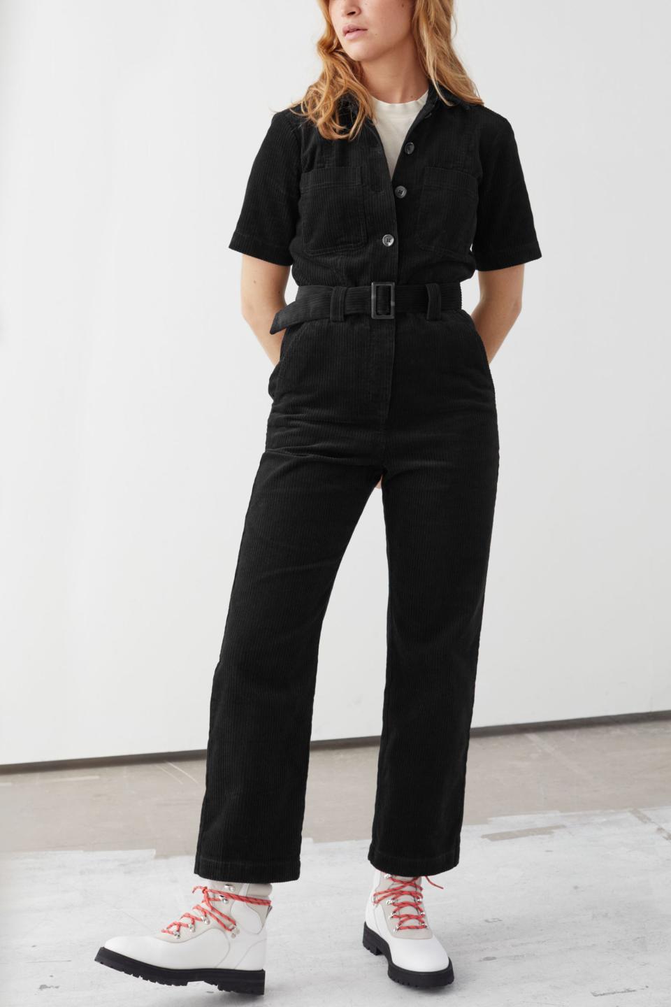 Corduroy Buckle Belt Jumpsuit