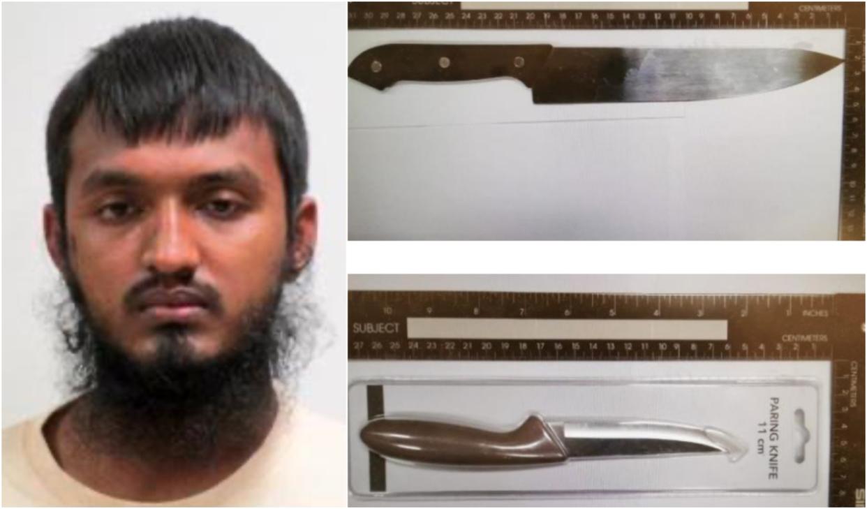 Bangladeshi Ahmed Faysal was arrested in Singapore for terrorism-related activities. He brought in foldable knives and claimed they are for attacks against Hindus in Bangladesh. (PHOTO: Ministry of Home Affairs)