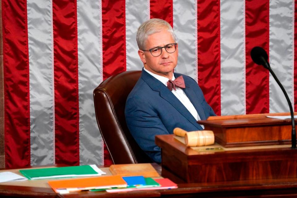 Speaker Pro Tempore Rep. Patrick McHenry, R-N.C., listens as House lawmakers hold a second vote to elect a new speaker in Washington on Wednesday, Oct. 18, 2023.