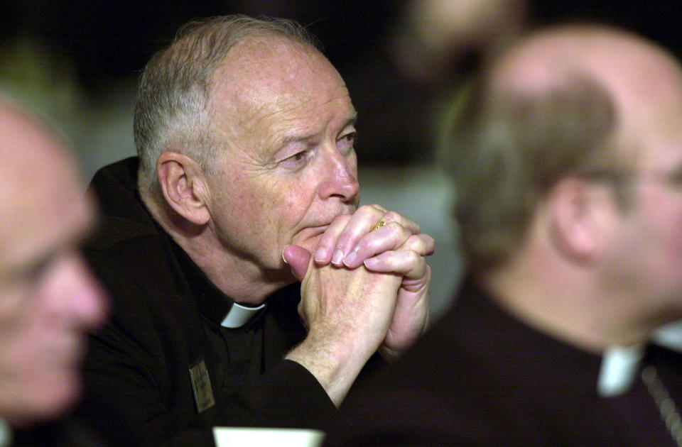 Cardinal Theodore McCarrick listens to a victim of clerical sexual abuse offer testimony during a meeting of U.S. Conference of Catholic Bishops on June 13, 2002, in Dallas, Texas. (Photo: Pool via Getty Images)