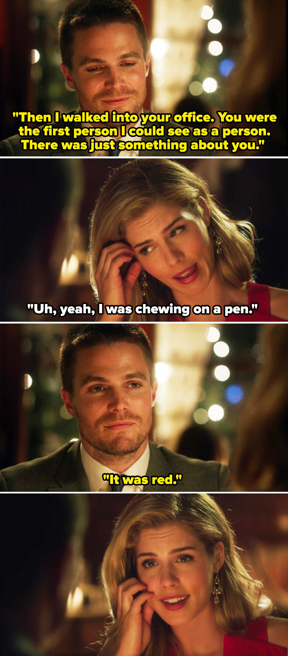 Stephen Amell and Emily Bett Rickards in a scene from "Arrow" as Oliver Queen and Felicity Smoak, respectively, having a heartfelt conversation over dinner