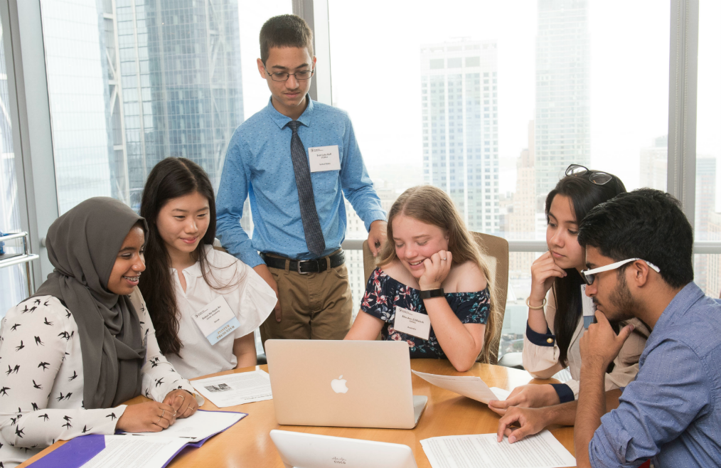 Teens gather at the New York Academy of Sciences Global STEM Alliance Summit. From left, Rajaa Elhassan, Robyn An, Evan Huff, Ellie Zillfleisch, Tavus Atajanova, and Aaryan Batra. (New York Academy of Sciences, Elena Olivo).