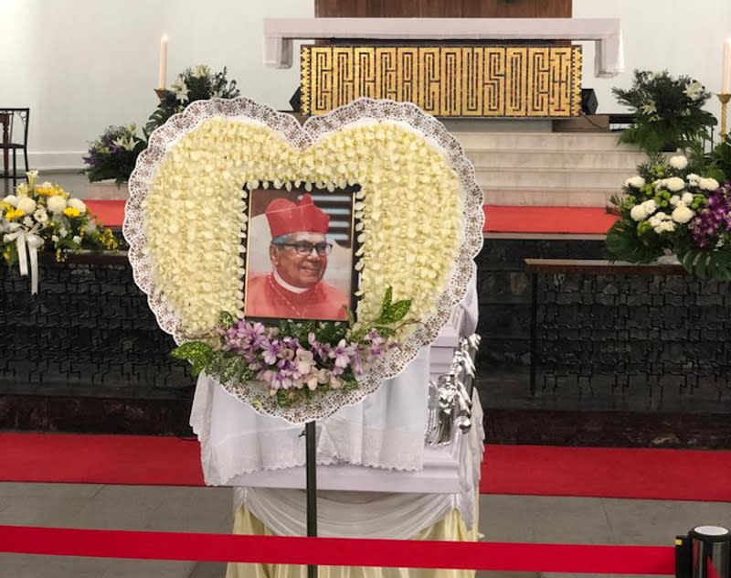 Cardinal Anthony Soter Fernandez’s casket at the Cathedral of St John in Kuala Lumpur October 31, 2020. — Picture courtesy of the Archdiocese of Kuala Lumpur