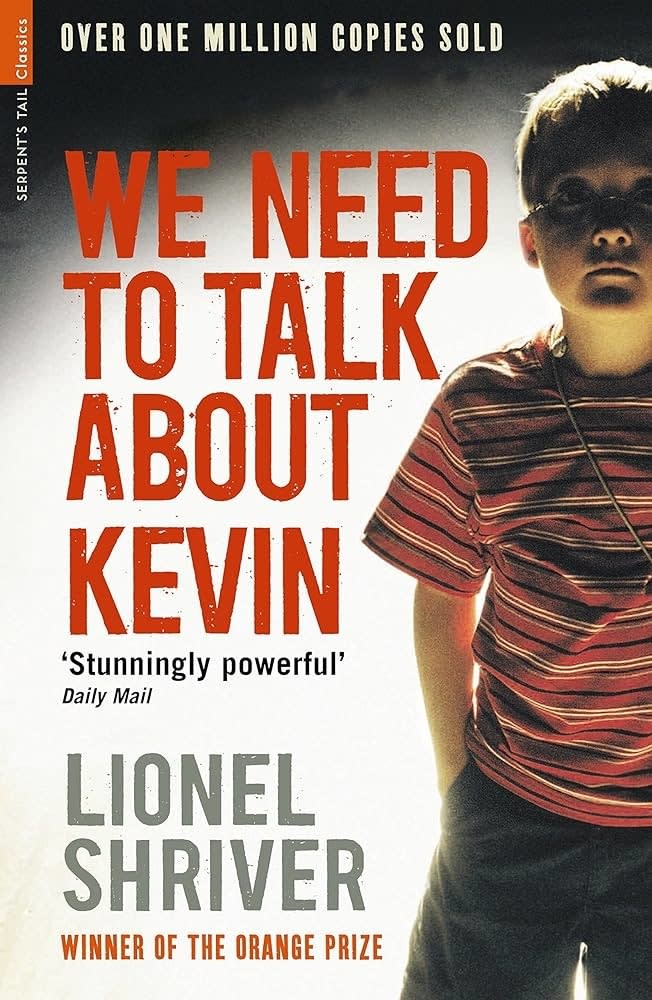 Cover of "We Need to Talk About Kevin" shows a young boy with arms crossed and a stern look