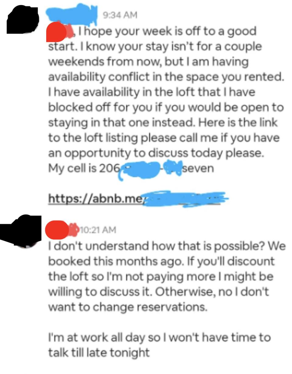 Text message exchange discussing a booking conflict and offering an alternative accommodation option