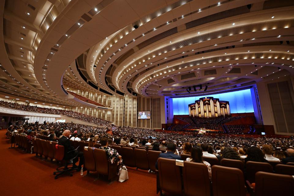 Audience members listen inside during the Saturday afternoon session of the 193rd Semiannual General Conference of The Church of Jesus Christ of Latter-day Saints at the Conference Center in Salt Lake City on Saturday, Sept. 30, 2023. | Scott G Winterton, Deseret News