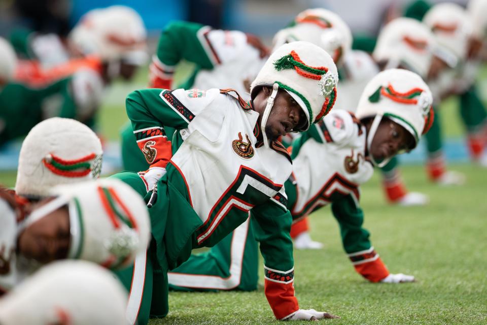 The FAMU Marching 100 performs for fans during the halftime show at the Florida Classic on Saturday, Nov. 19, 2022.