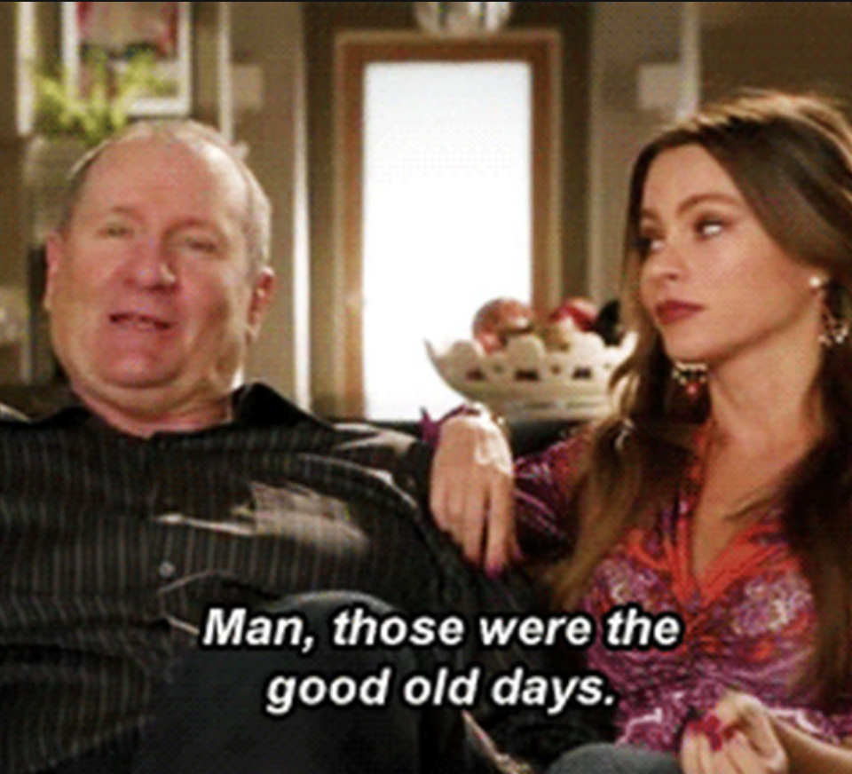 an older man and a younger woman sitting on a couch with the words "Man, those were the good old days"