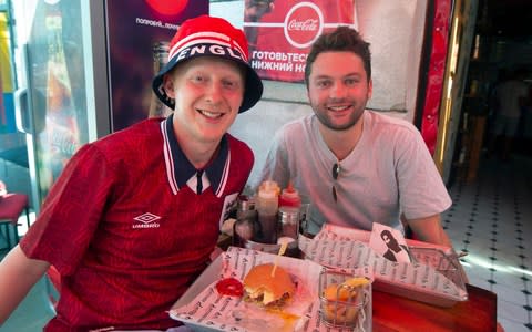 England fans, Elliot Charles and George Hasselgren, in Nizhny Novogrod for Sunday's England vs Panama match - Credit:  Julian Simmonds for the Telegraph