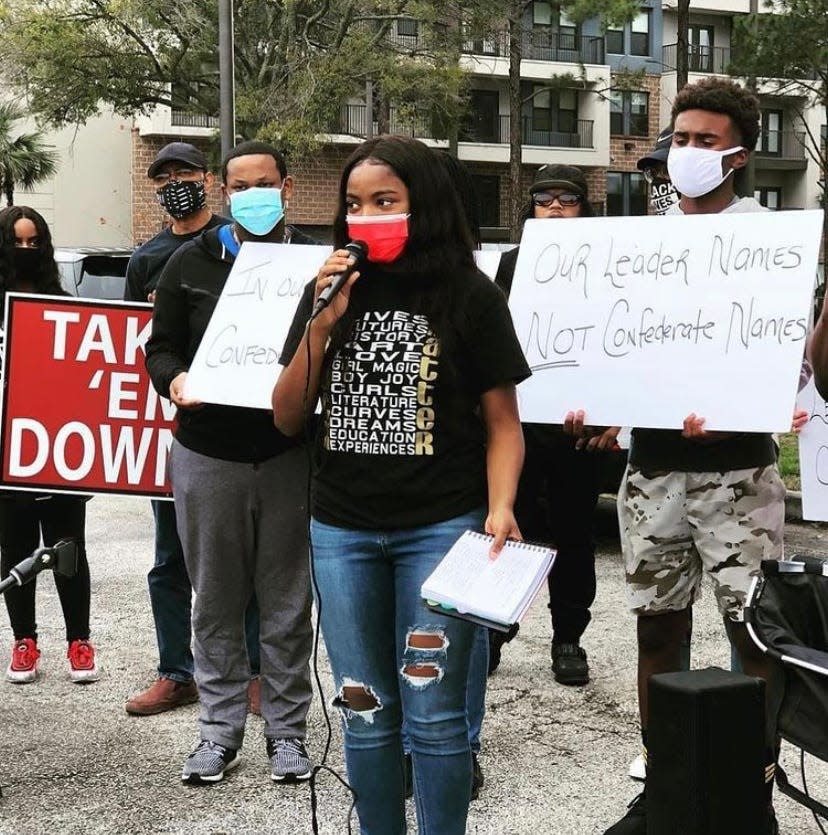 Deyona Burton, a graduate of Robert E. Lee High School, pushes for the Confederate general's name to be stripped from the school in Jacksonville, Fla.