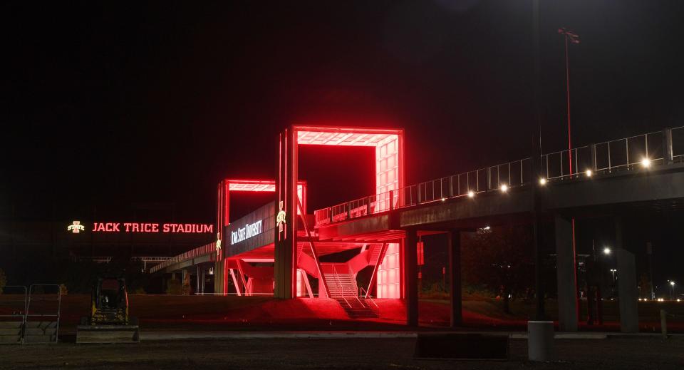 Iowa State University East Gateway pedestrian bridge lights up before the season-opening home game against Southeast Missouri. This picture was taken Wednesday, Aug. 31, 2022, in Ames, Iowa.