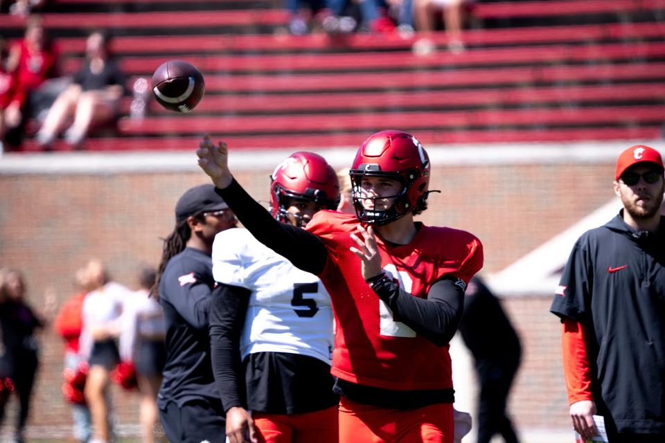 Cincinnati Bearcats quarterback Brendan Sorsby (2) throws a pass during the University of Cincinnati annual Red and Black Spring football game and practice at Nippert Stadium last April.