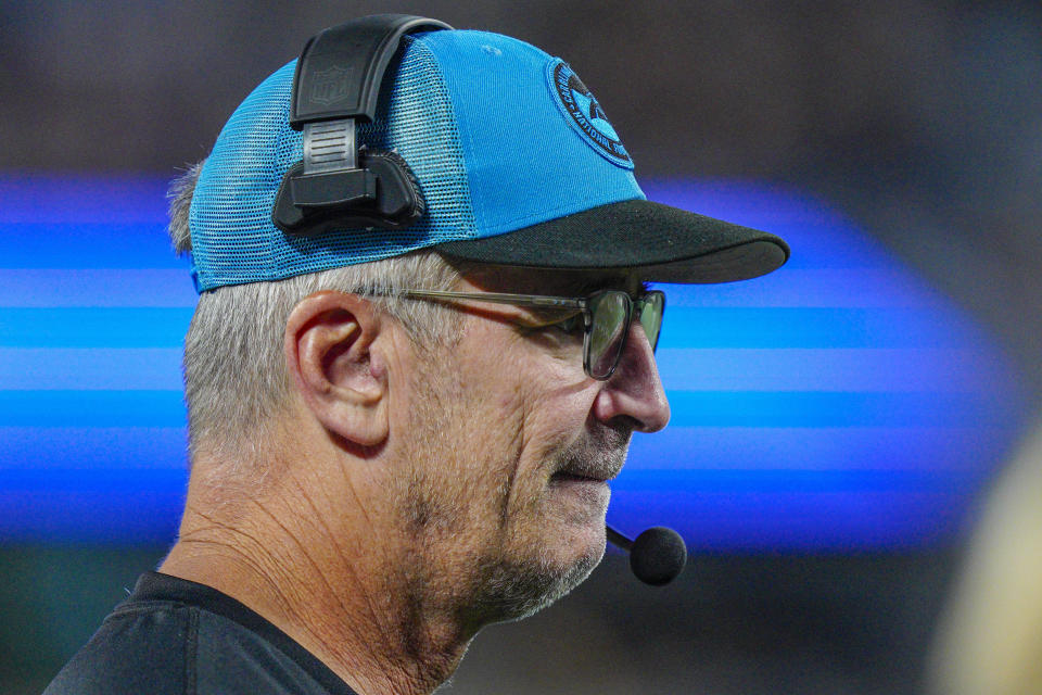 Carolina Panthers head coach Frank Reich watches during the first half of an NFL football game against the New Orleans Saints Monday, Sept. 18, 2023, in Charlotte, N.C. (AP Photo/Jacob Kupferman)