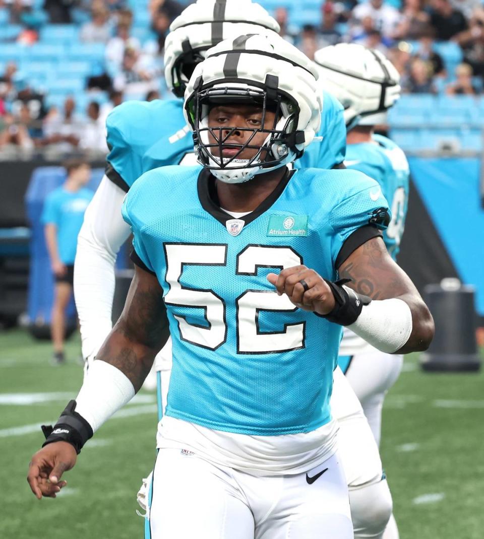 Carolina Panthers defensive lineman DJ Johnson during the team’s Fan Fest practice at Bank of America Stadium on Wednesday, August 2, 2023.