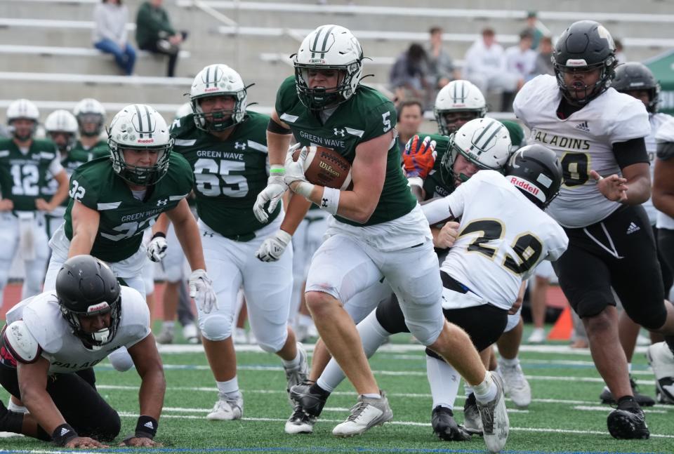 Morristown, NJ September 30, 2023 — Ryan Trafford of Delbarton scores a TD in the first half as Delbarton defeated Paramus Catholic 45-0 in an SFC United White Division contest played at Delbarton on September 30, 2023.