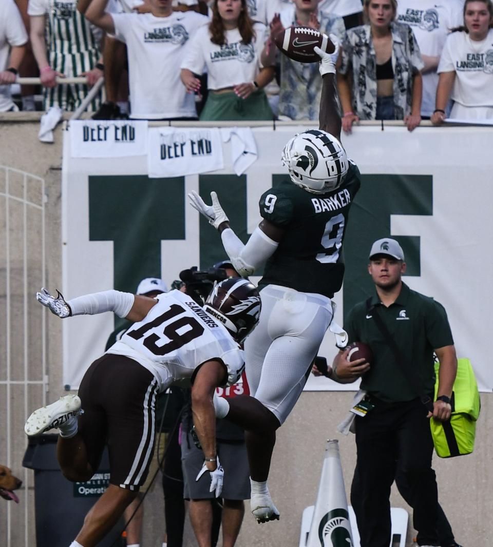MSU TE Daniel Barker pulls down a pass in the Spartan end zone for a TD against WMU, Friday, Sept. 2, 2022, during the season opener at Spartan Stadium.