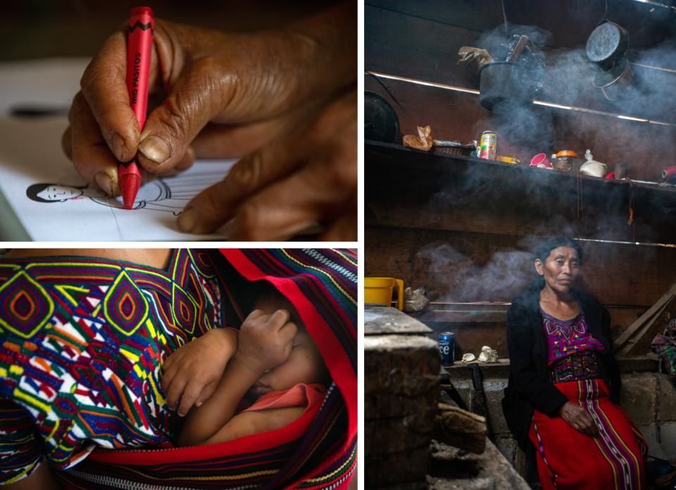 Clockwise from top left, a hand holds a crayon; a woman in a red dress sits amid smoke; a child nestled amid colorful cloth