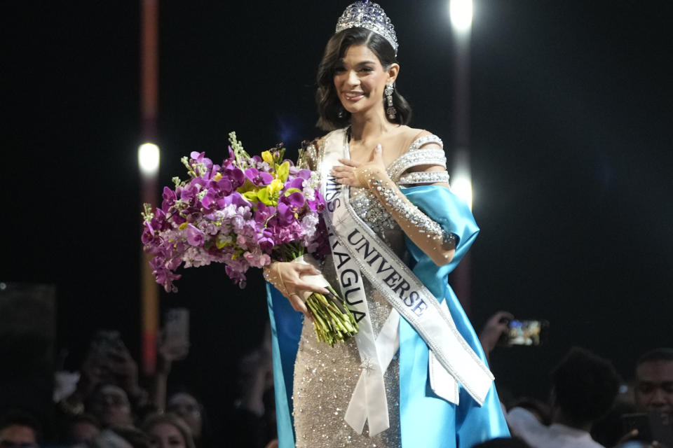 Miss Nicaragua, Sheynnis Palacios, smiles after being crowned Miss Universe at the 72nd Miss Universe Beauty Pageant in San Salvador, El Salvador, Saturday, Nov. 18, 2023. (AP Photo/Moises Castillo)